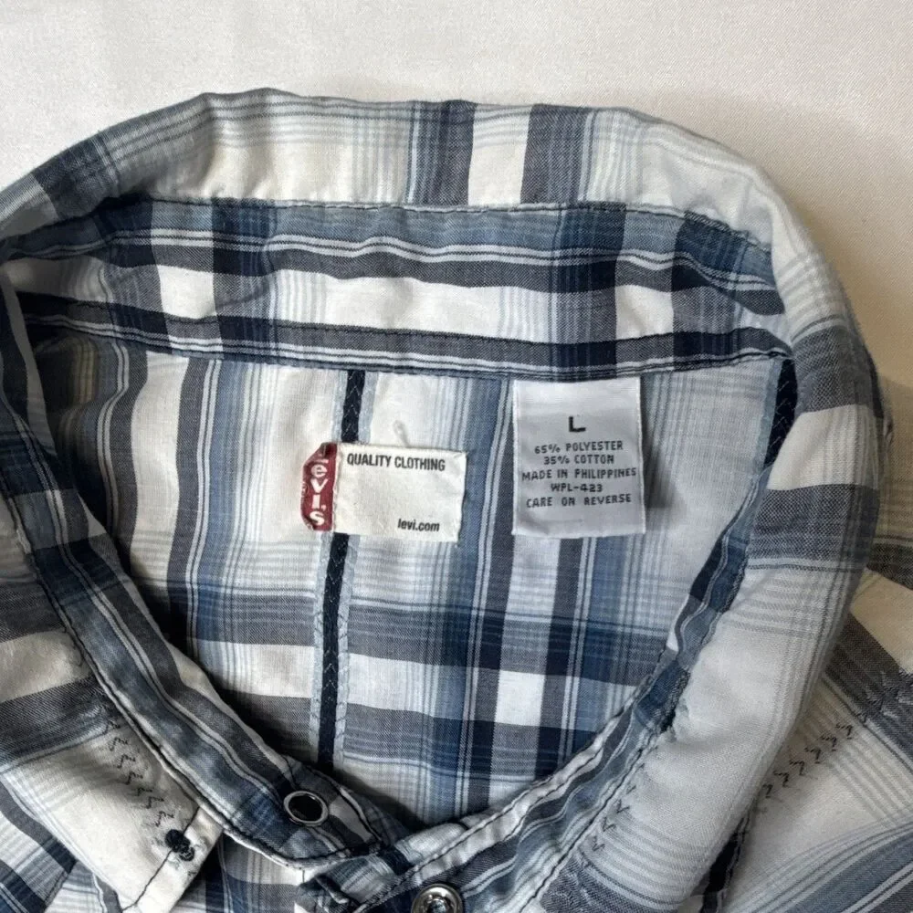 Levi's Mens Blue White Plaid Short Sleeve Pearl Button-Up Shirt Skull Graphic L